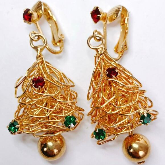 Vintage Gold Tone Rhinestone Christmas Tree Pendant Brooch Clip-On Earrings Set - Picture 5 of 9